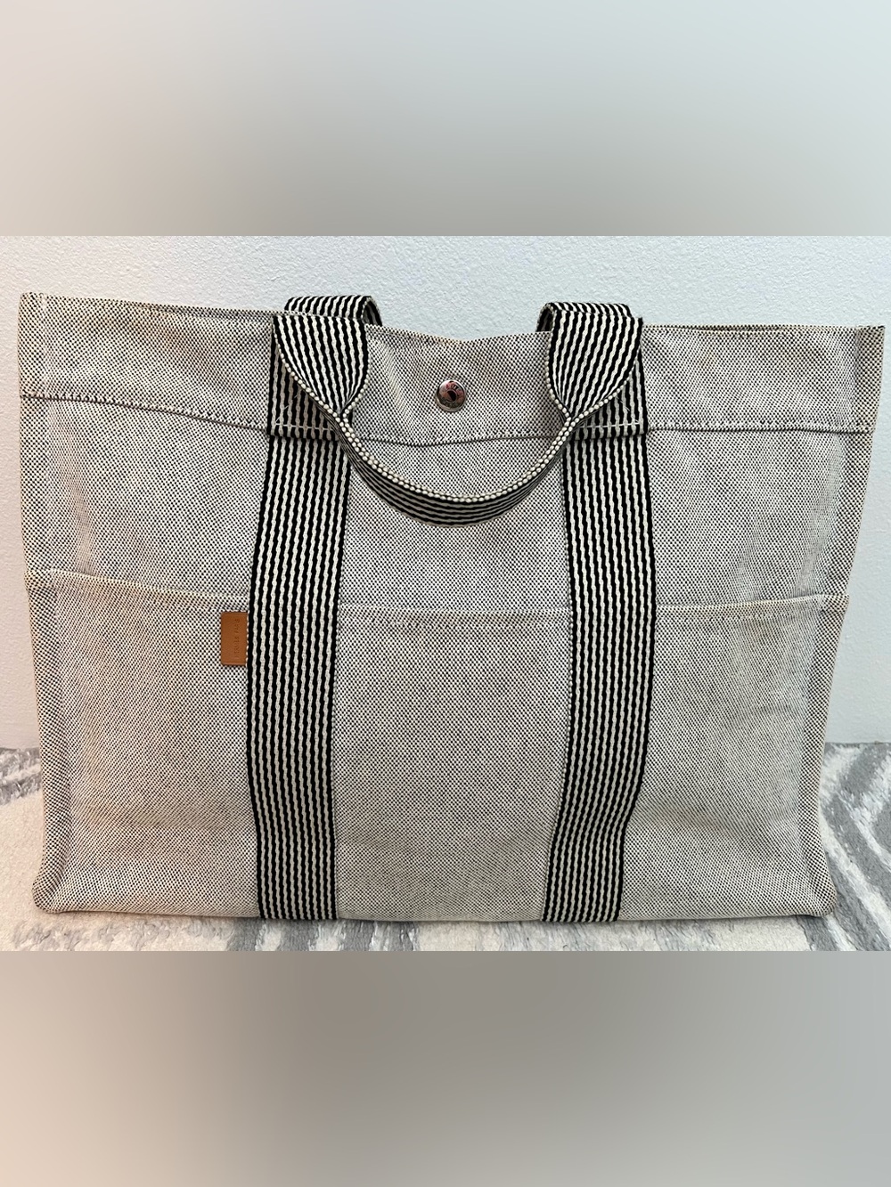 Hermes Canvas Tote with Black-Striped Webbing Handles